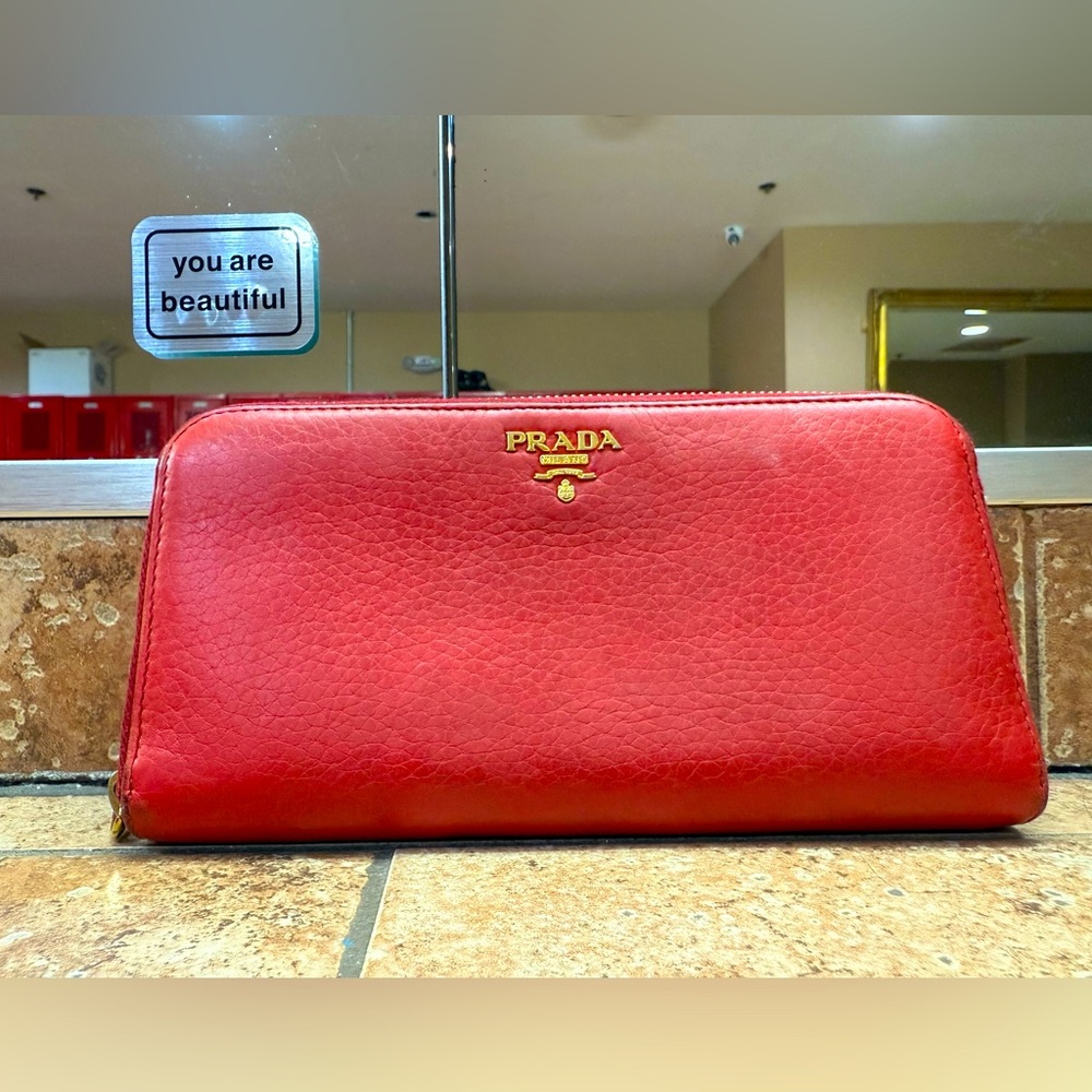 Prada Red Saffiano Leather Wallet with Gold Hardware